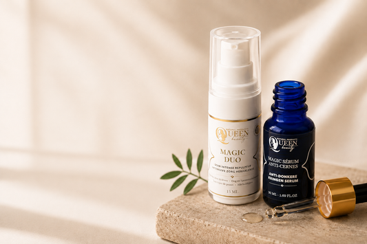 Deux produits Queen Beauty posés sur un tissu satiné beige : le Magic Duo en flacon blanc et le Magic Sérum Anti-cernes en flacon bleu foncé, entourés de feuilles d'olivier.