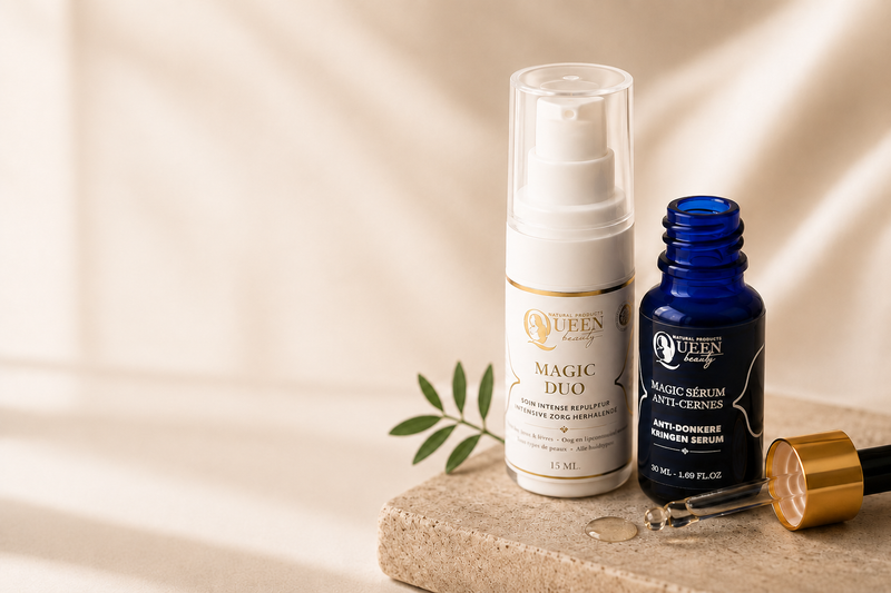 Deux produits Queen Beauty posés sur un tissu satiné beige : le Magic Duo en flacon blanc et le Magic Sérum Anti-cernes en flacon bleu foncé, entourés de feuilles d'olivier.